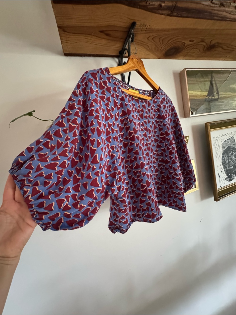 Maeve Silk Blouse with Red Heart Print and Puff Sleeves